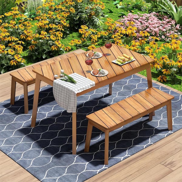 Cesicia 3 Pieces Acacia Wood Table Bench Outdoor Dining Set with 2 ...