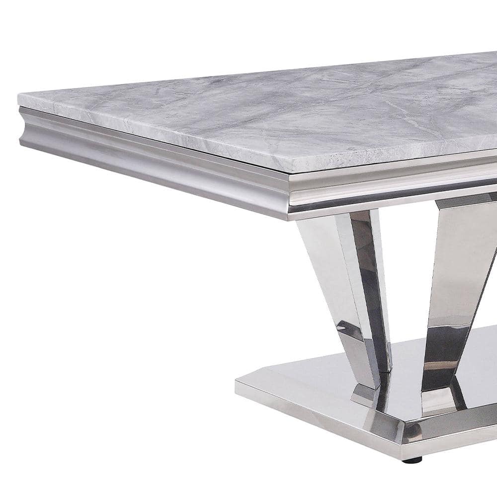 Elegant 54'' Light Grey Marble & Mirrored Silver Coffee Table