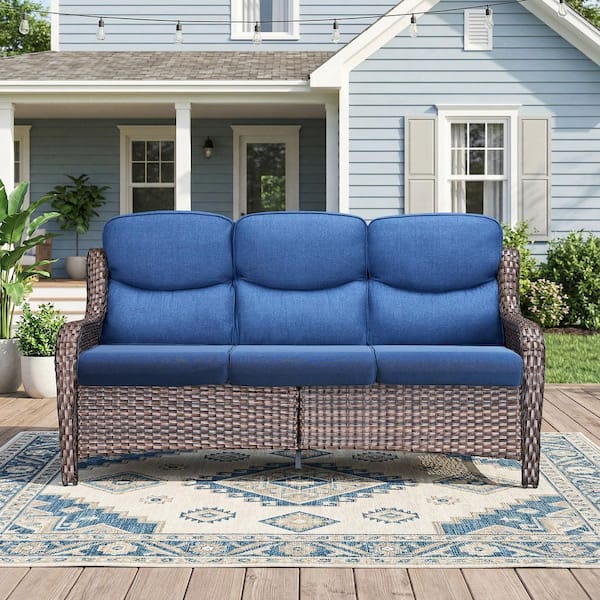 LunaCurve 3-Seat Brown PE Wicker Outdoor Couch with 5 in. olefin Blue Cushions /Patio Sofa Furniture