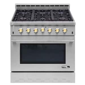 Entree Bundle 36 in. 5.5 cu. ft. Pro-Style Duel Fuel Range Convection Oven and Range Hood in Stainless Steel and Gold