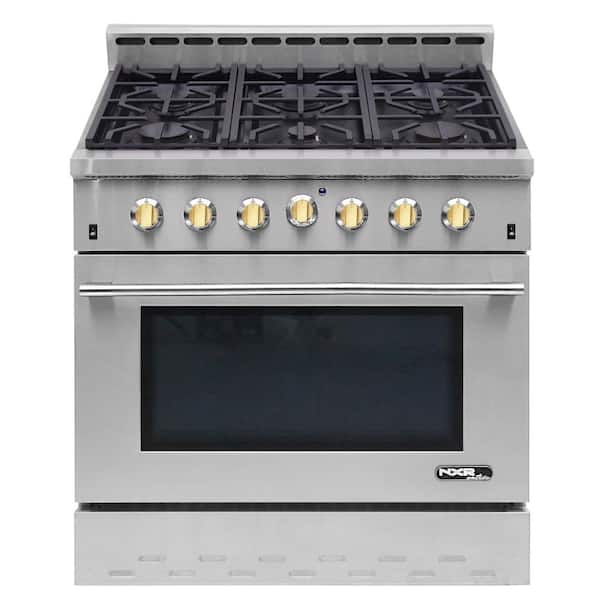 NXR Entree Bundle 36 in. 5.5 cu. ft. Pro-Style Duel Fuel Range Convection Oven and Range Hood in Stainless Steel and Gold