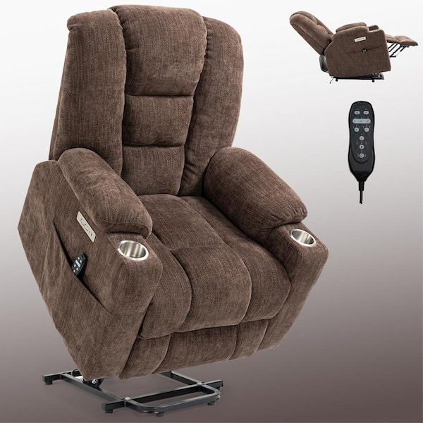 34.25 in. W Brown Chenille Power Lift Recliner Chair with Massage, Heating, USB and Type-C Ports and Cup Holders
