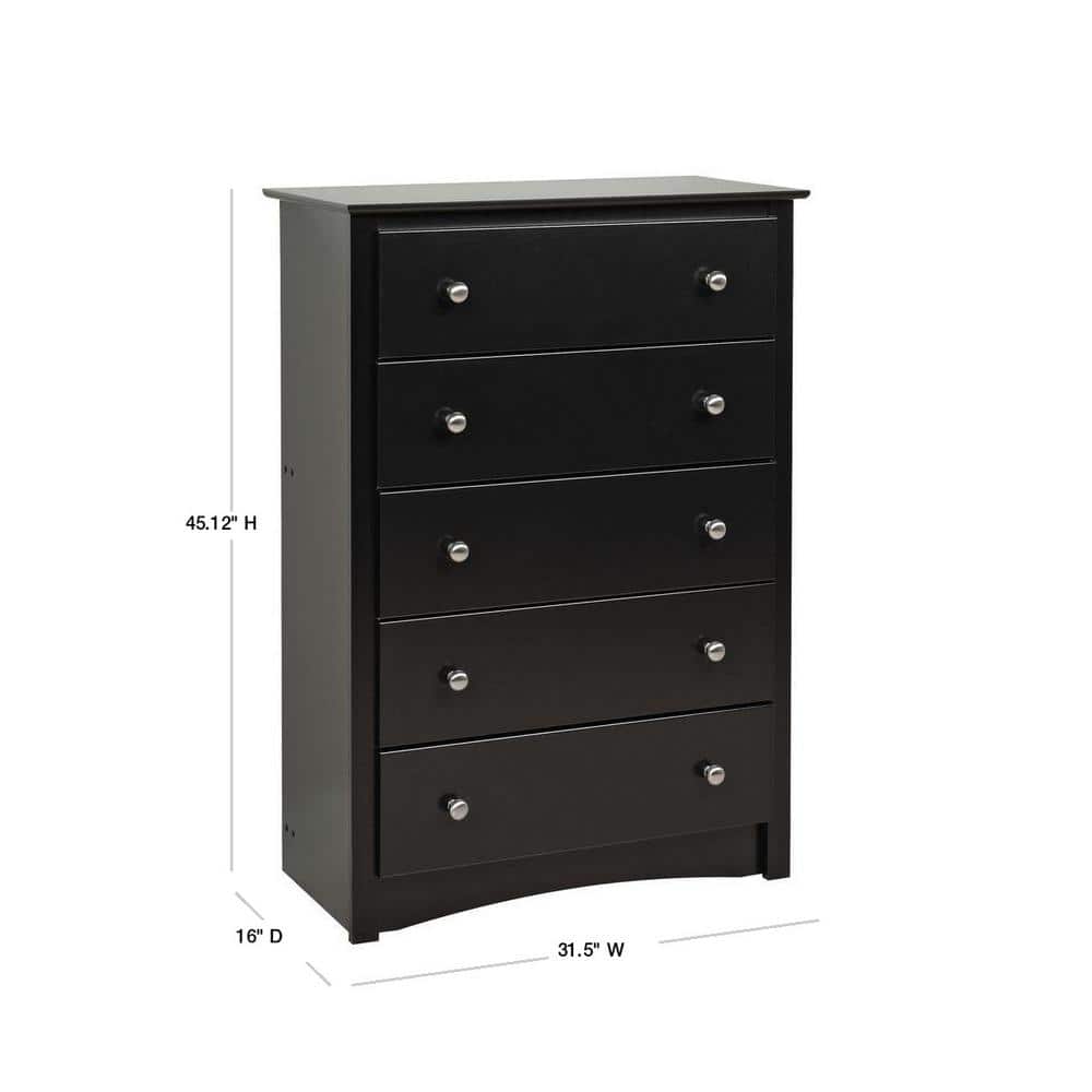 Black 5-Drawer Tall Chest with Silver Knobs