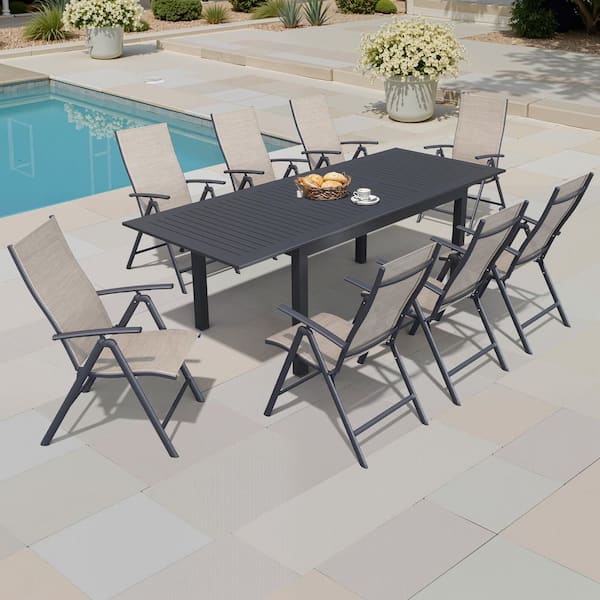 9-Piece Aluminum 6-8 Person Rectangle Extension Outdoor Patio Dining Set with Esspreso Adjustable Backrest Metal Chair
