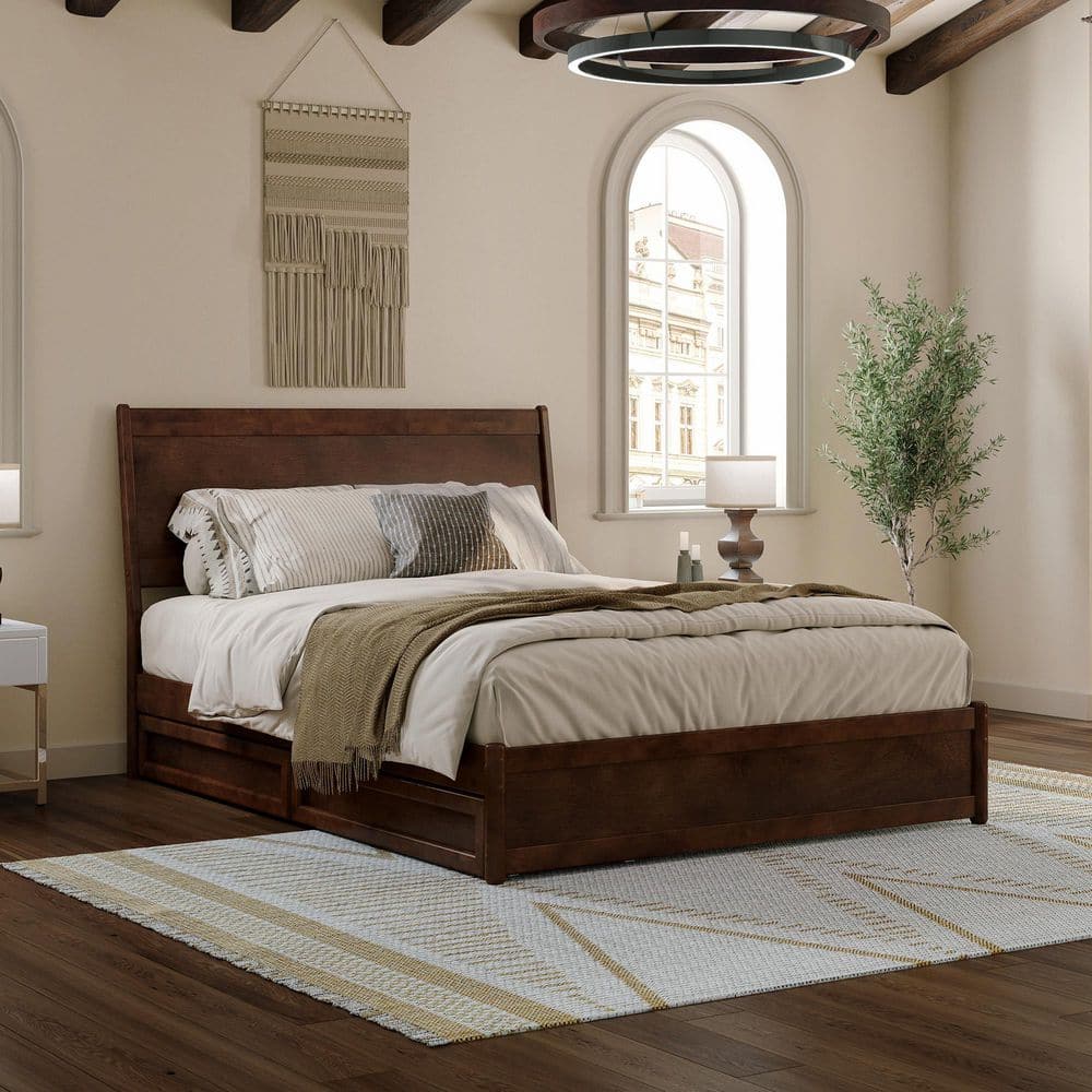 Casanova Queen Dark Walnut Wood Platform Bed with Storage Drawers