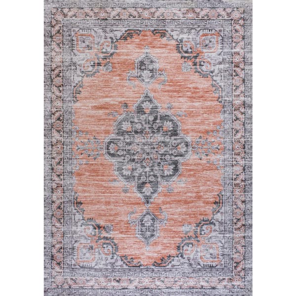 Wincer Chenille Cottage Medallion Machine-Washable Orange/Gray 5 ft. x 8 ft. Area Rug