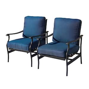 Metal Cushioned Outdoor Dining Chair with Blue Cushion (2-Pack)