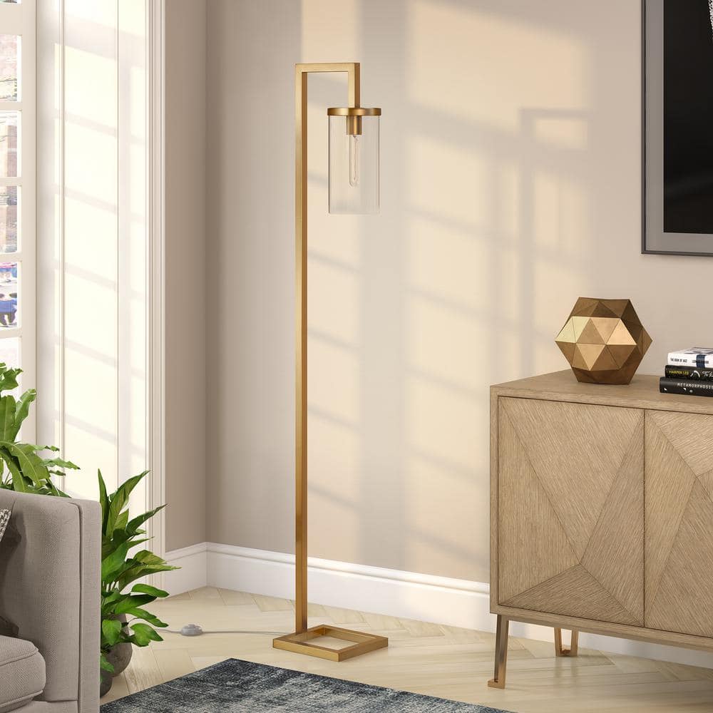 Arcadian Gold Arc Floor Lamp with Handmade Clear Glass Shade