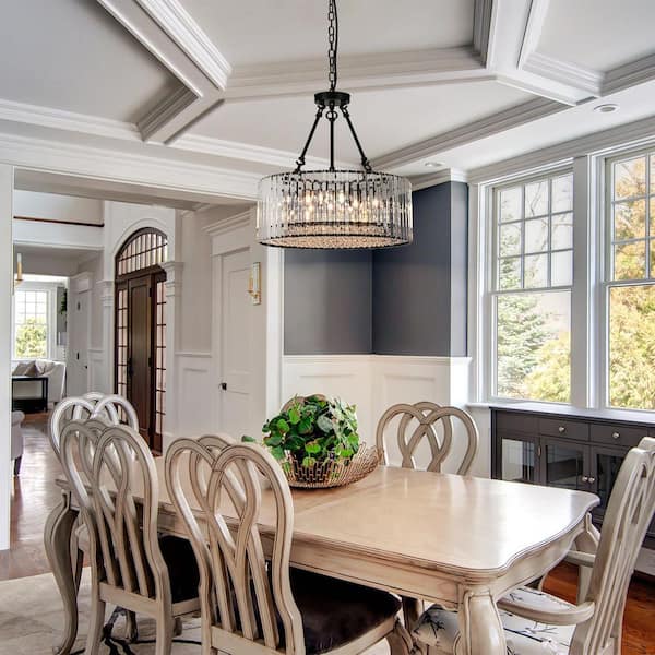 19.69 in. 5-Light Modern Black Drum Pendant Round Chandelier with Crystal Accents