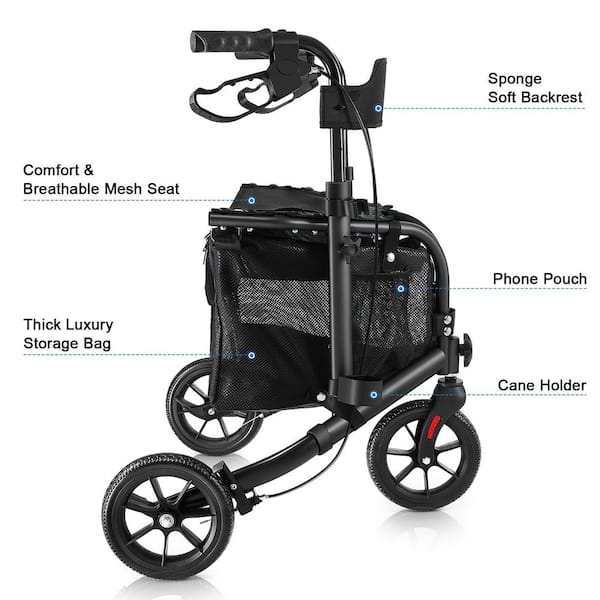 Anqtovp 3-Wheel Rollator Walker with Seat, Padded Backrest