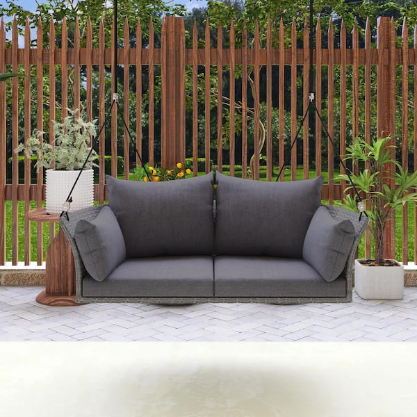 2-Person Outdoor Gray Wicker Patio Swing with Gray Cushions and Pillow