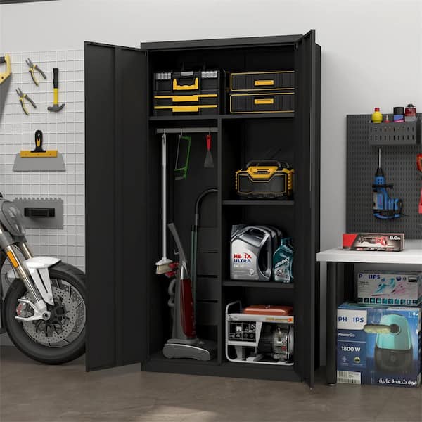 Black 70.8 in. H Metal Wardrobe with Hanging Rod, Lock, Adjustable Shelves, and Doors for Home, Living Room, and Laundry
