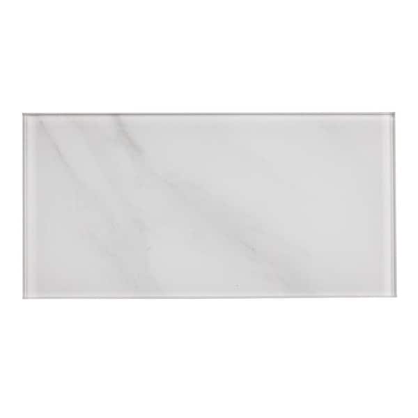 ABOLOS Tuscan Design Glossy Calacatta White Subway 4 in. x 8 in. Glass Wall Tile Sample