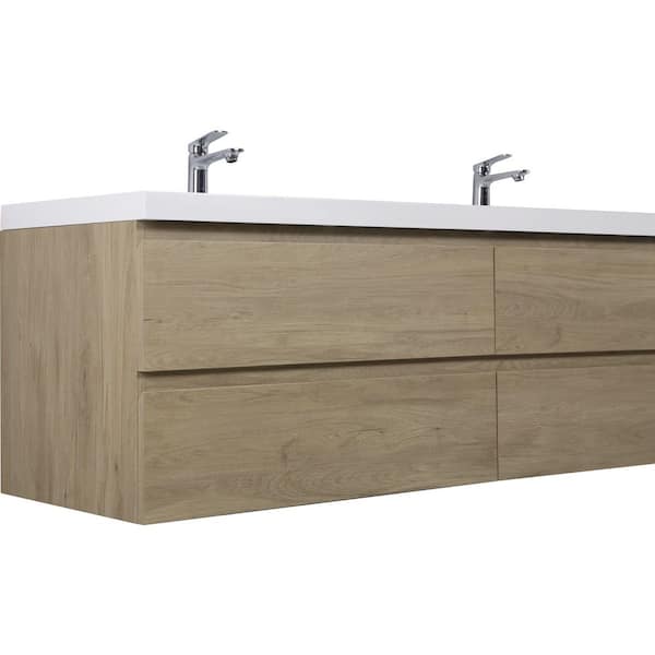 Espace 70.8 in. Double Sinks Modern Wall-Mounted Floating Natural Oak Bath Vanity with White Resin Top, Cabinet, Drawers