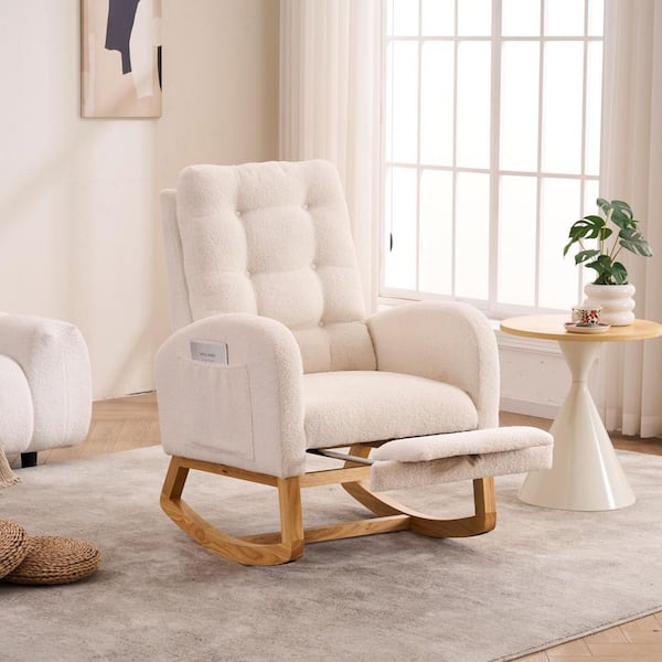 Beige and White Accent Rocking High-Back Rocker Sofa Armchair with Footrest and Storage Pocket