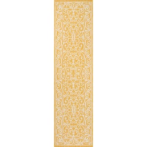 Charleston Vintage Filigree Textured Weave Yellow/Cream 2 ft. x 10 ft. Indoor/Outdoor Area Rug