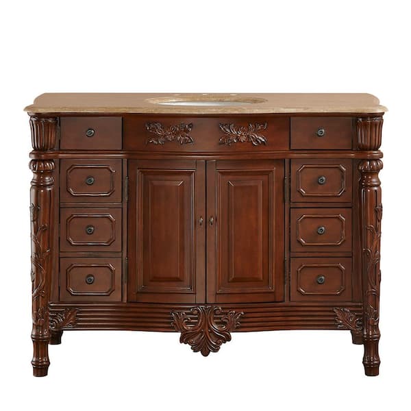 Silkroad Exclusive 48 in. W x 22 in. D Vanity in Brazilian Rosewood with Stone Vanity Top in Travertine with White Basin