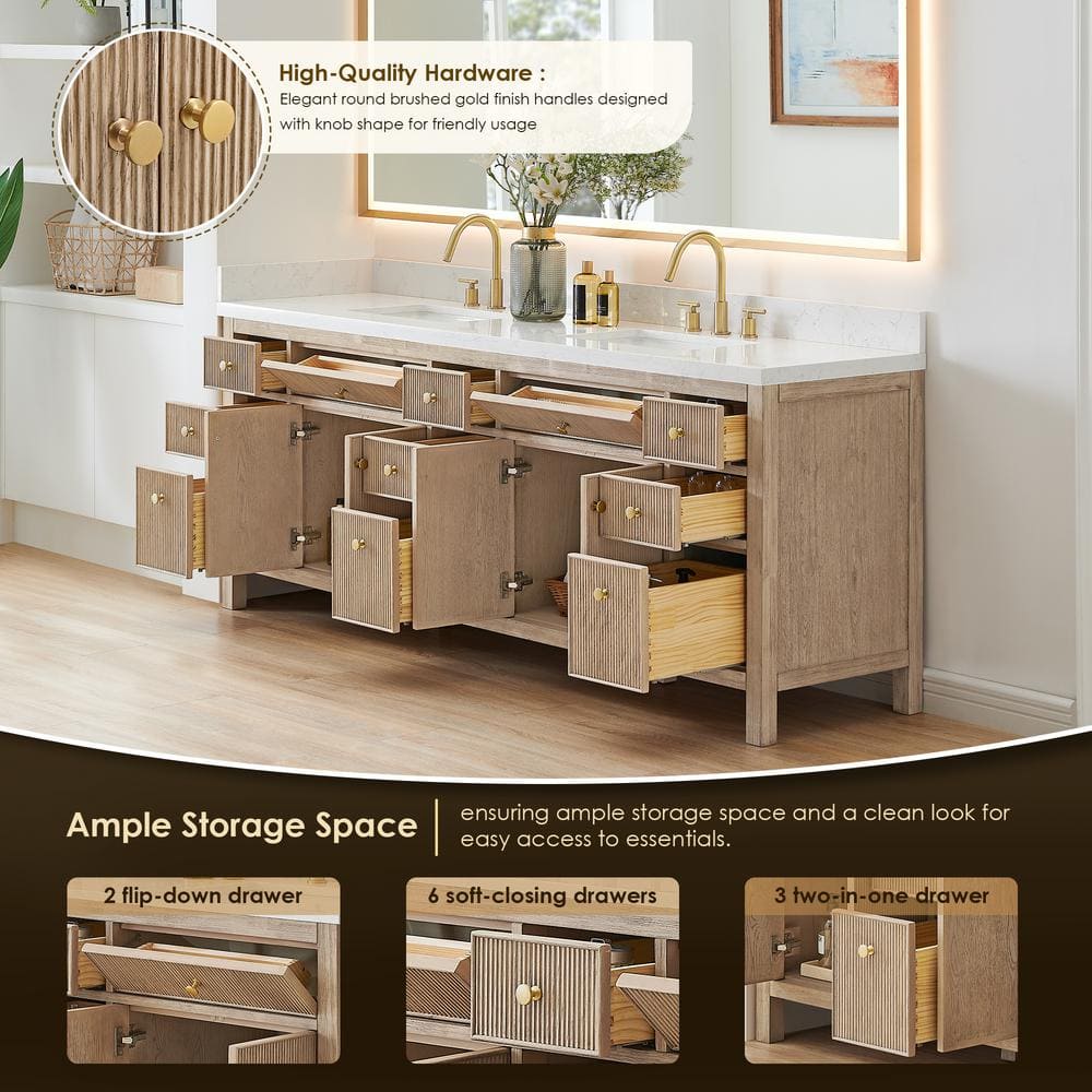 Cerrito 84" Natural Oak Double Vanity with Engineered Stone Top