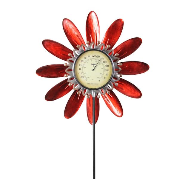 Exhart 4.13 ft. Red Metal Spinning Flower Thermometer Garden Stake