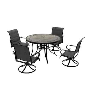 5-Piece Aluminum Frame Outdoor Dining Set Blended Fabric Seat Swivel Chair Ceramic Round Table with 2.3-in Umbrella Hole