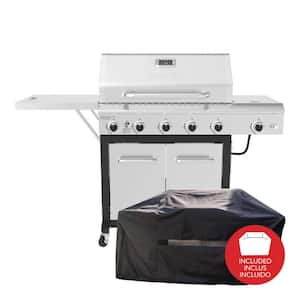 5-Burner Propane Gas Grill in Stainless Steel with Side Burner and Foldable Side Shelf with Cover