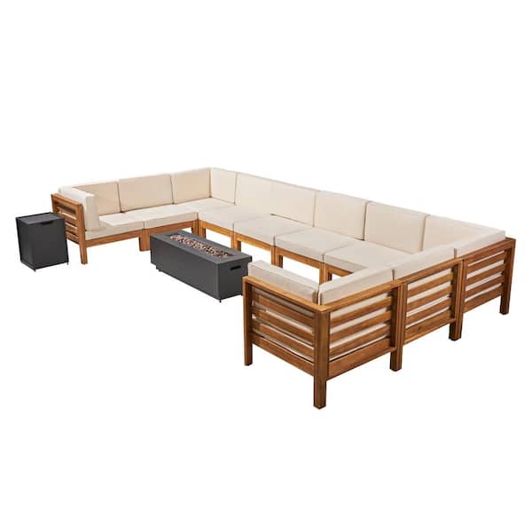 Malawi Teak Brown 12-Piece Wood Outdoor Patio Fire Pit Sectional Seating Set with Beige Cushions