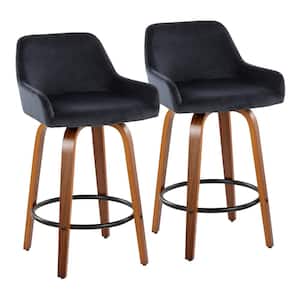 Daniella 25.5 in. Black Velvet, Walnut Wood and Black Metal Fixed-Height Counter Stool (Set of 2)