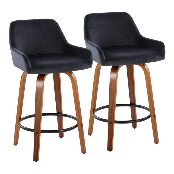 Lumisource Daniella 25.5 in. Black Velvet, Walnut Wood and Black Metal Fixed-Height Counter Stool (Set of 2)