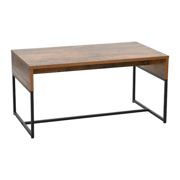 HOUSEHOLD ESSENTIALS 35.43 in. Rustic Hickory Finish Rectangle Wrap Wood Coffee Table With Black Metal Frame
