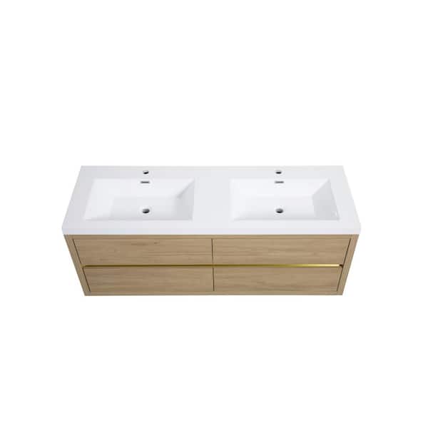 Haven 59 in. Double Sinks Modern Floating Natural Oak Bath Vanity with White Resin Top, Cabinet, Drawers