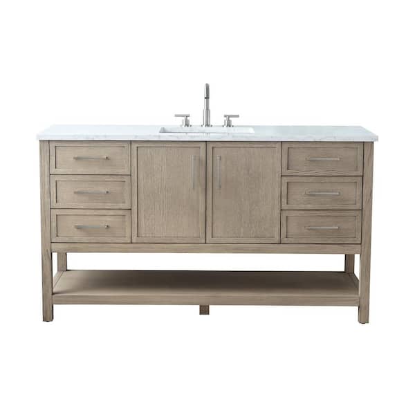 Oliver 60 in. W Bath Vanity in Vintage Gray with Engineered Stone Top in Arabescato with White Sink