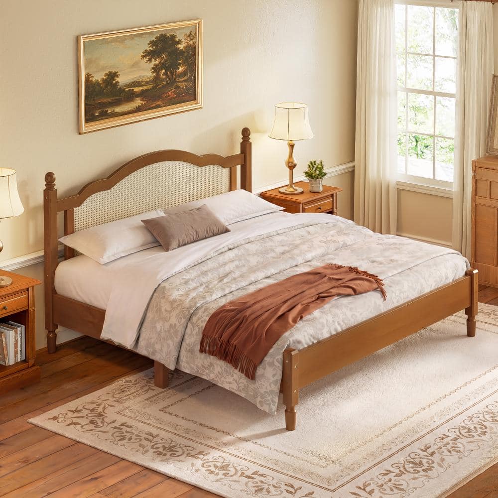Walnut Wood Frame King Size Platform Bed with Wooden Slat Support