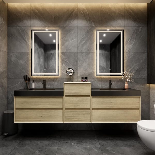 MIA 114 in. W x 20 in. D x 30 in. H Double Sink Middle Cabinet Bath Vanity in Teak Oak with Black Stainless Steel Top