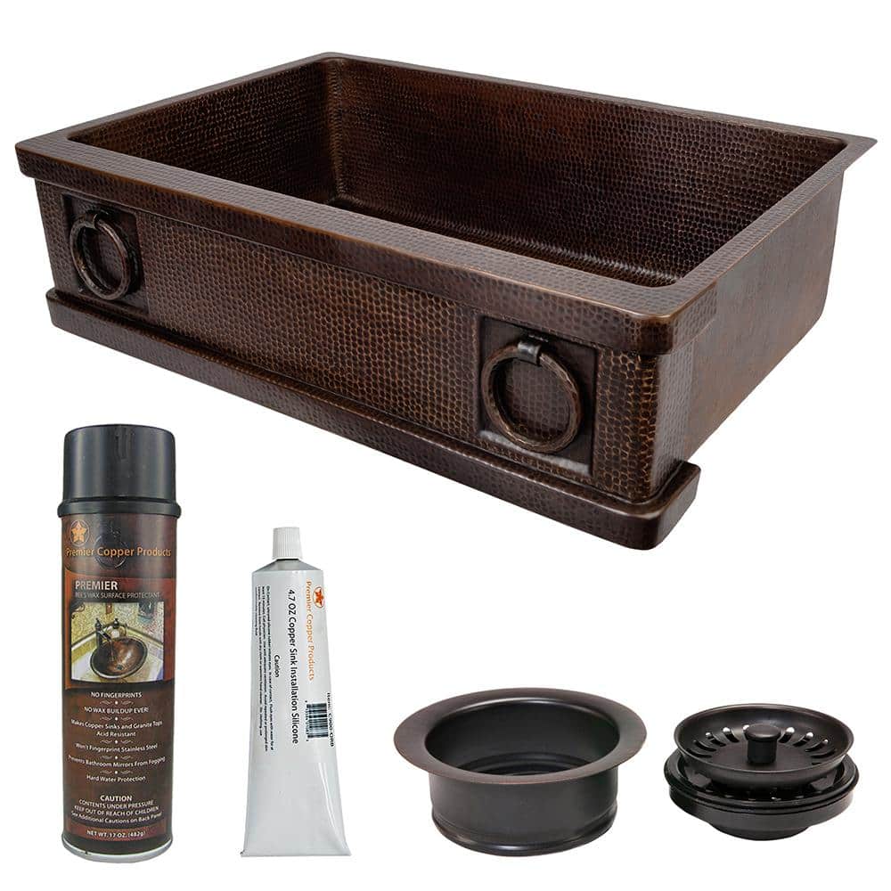 33" Hammered Copper Single Basin Apron Kitchen Sink with Rings