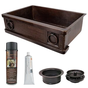 33 in. Hammered Copper Kitchen Apron Single Basin Sink with Rings with Matching Drain and Accessories