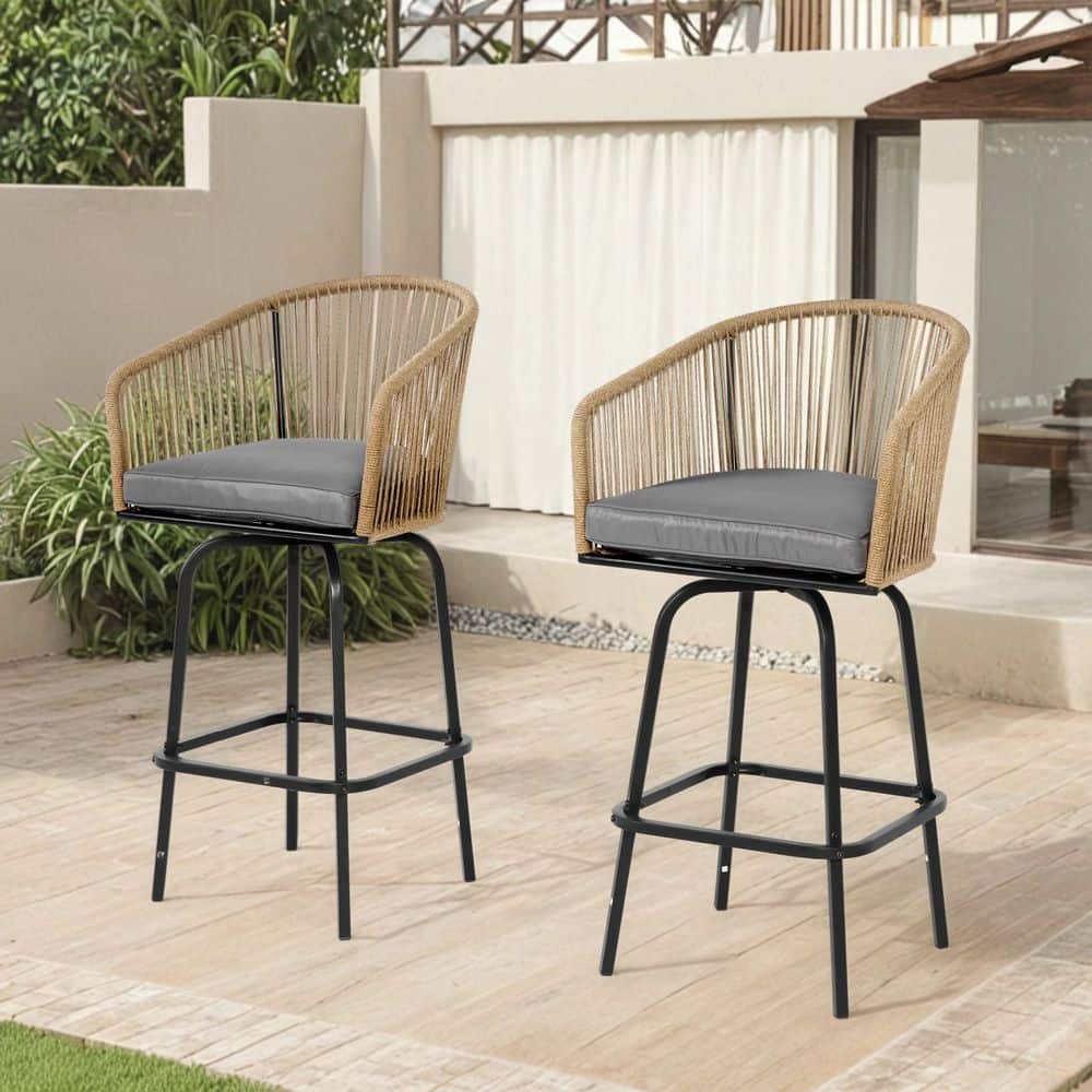 2Pcs Wicker Outdoor Bar Stool with Grey Cushion&Armrests,Bar Chair with Bac