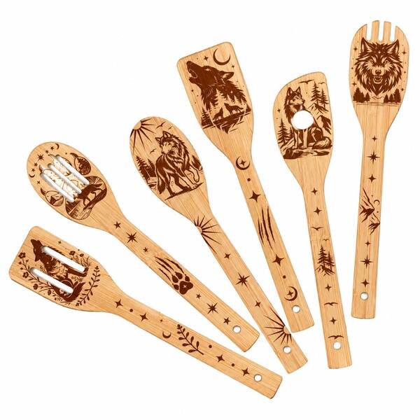 6-Piece Bamboo Cooking Utensil Set with 3D Wolf and Forest Carvings, 11.9 in., Non-Toxic Kitchen Tools