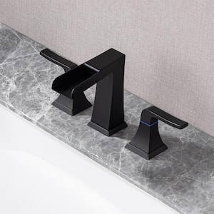 8 in. Widespread Double Handle Bathroom Faucet with Drain Assembly and Waterfall Spout in Matte Black