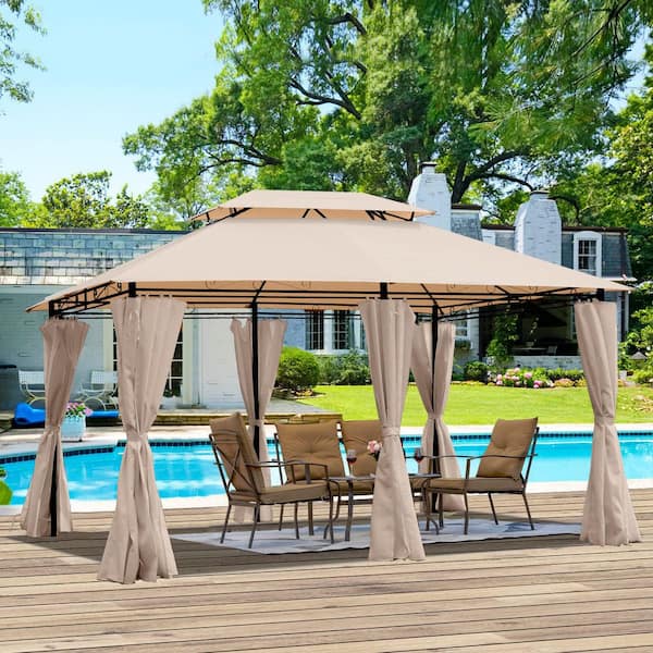 13 ft. x 10 ft. Outdoor Gazebo Khaki Steel Canopy with Ventilated Double Roof Sidewall and Full Detachable Side Curtains
