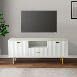 57.70 in. White Solid Wood TV Stand for TVs up to 65" with Wire Management Hole