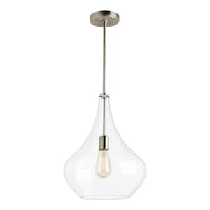 Mora 13 in. W x 17 in. H 1-Light Clear Glass Teardrop Modern Pendant with Brushed Nickel Accents and Vintage Edison Bulb