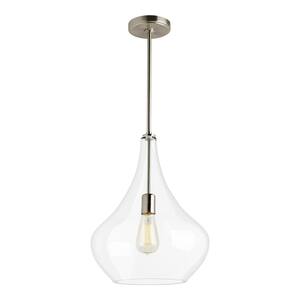 Mora 13 in. W x 17 in. H 1-Light Clear Glass Teardrop Modern Pendant with Brushed Nickel Accents and Vintage Edison Bulb