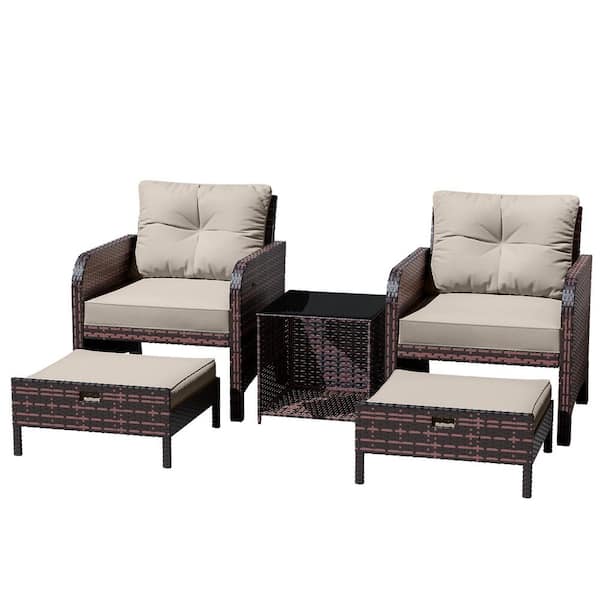 5-Piece Wicker Lounge Chair Outdoor Rattan Patio Conversation Set with Ottoman and Beige Soft Cushions