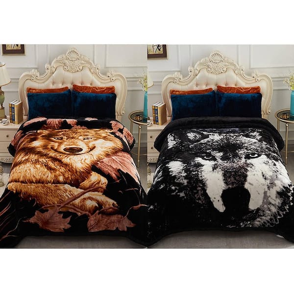 Black Wolf 2-Ply Reversible Polyester Fleece Mink 85 in. x 95 in. 10 lbs. Winter Blanket