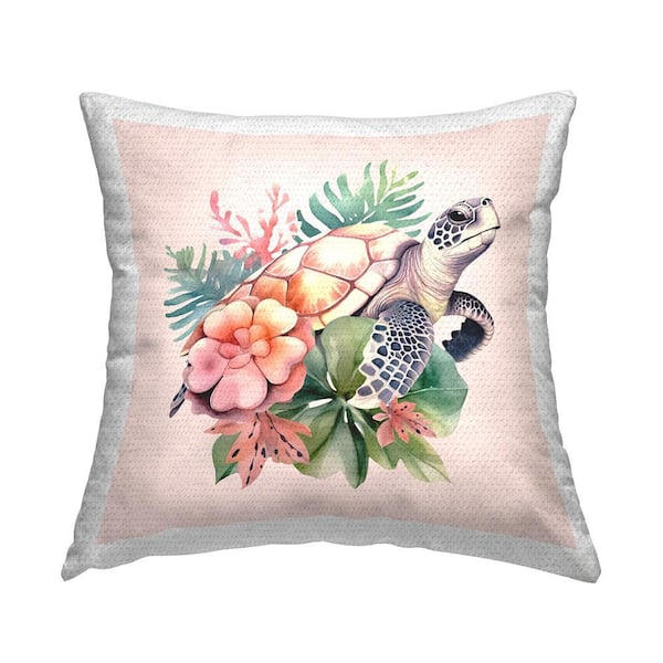 Tropical Sea Turtle Pink Square Outdoor Throw Pillow