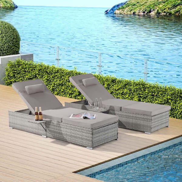 Tenleaf 2-Piece Wicker Outdoor Chaise Lounge with Light Gray Cushions, Adjustable Backrest, Table