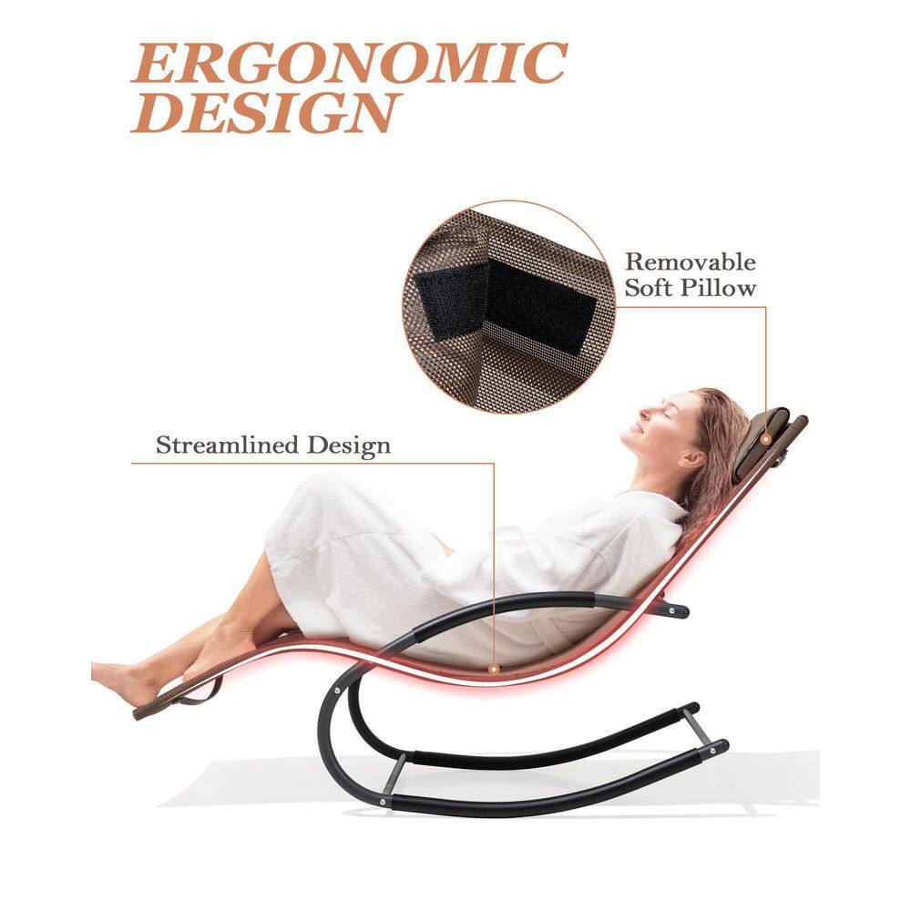 Brown Metal Frame Patio Rocking Chaise Lounge Chair with Texteline Sling Seat