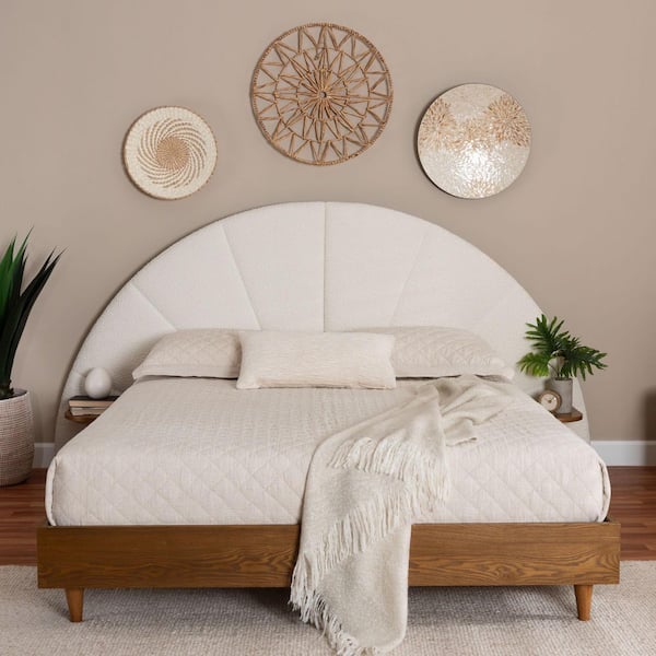 Bernice Cream Boucle and Walnut Brown Wood Frame Queen Platform Bed