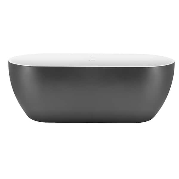 VANITYFUS 58.5 in. Acrylic Freestanding Flatbottom Soaking Bathtub in Matte Grey with Brass Drain and Overflow