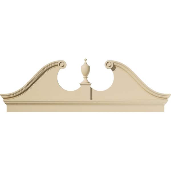 Ekena Millwork 76 in. W x 25-7/8 in. H x 2-3/4 in. P Rams Head Signature Urethane Combination Pediment Urn Ships Unattached in Box Prim